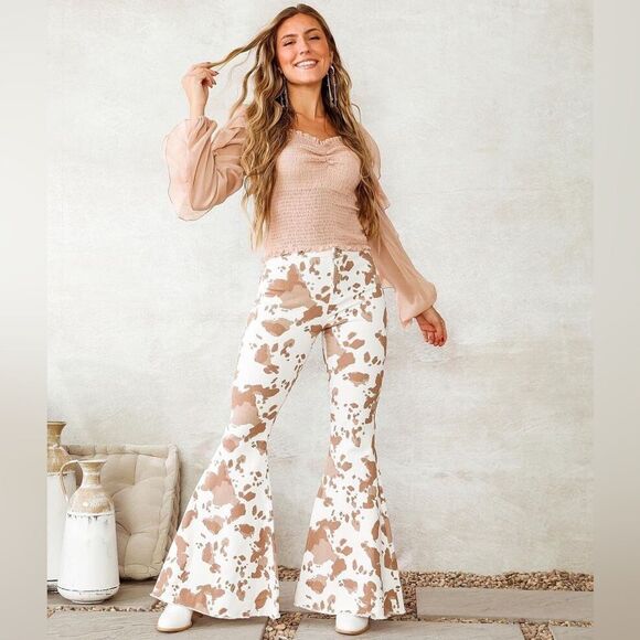 Altar’d State Cow Print Fringe High Rise Flares Size L C46 - Picture 1 of 11